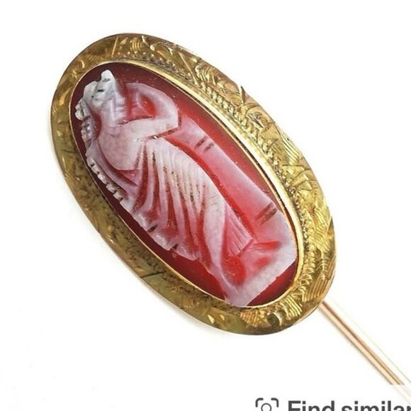 Antique Victorian 10K Yellow Gold Carved Shell Cameo Stick Pin Brooch Circa 1900 - Picture 4 of 11
